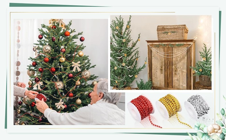 May include: A decorated Christmas tree with red, gold, and silver ornaments, bows, and beaded garland. Additional images show smaller decorated trees, a wooden cabinet, and spools of red, gold, and silver beaded garland, perfect for holiday decorating.