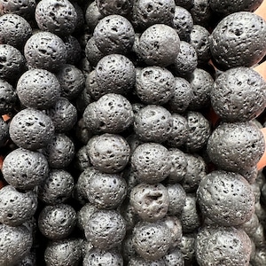 Black Lava Rock Beads, Natural Round Gemstone Diffuser Beads, 15.5" Strand