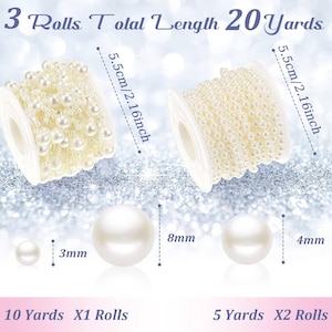 May include: Three rolls of faux pearl chain, with a total length of 20 yards. The rolls are 5.5cm/2.16 inches wide. The image also shows the size of the pearls, ranging from 3mm to 8mm in diameter. The text indicates the rolls are 10 yards and 5 yards each.