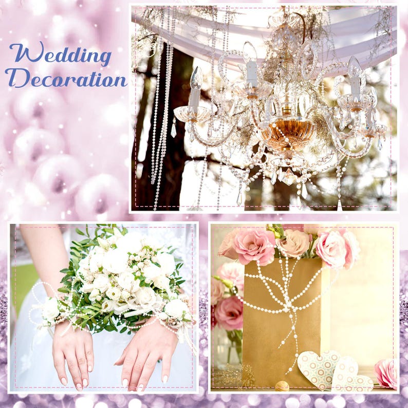 May include: A collage featuring wedding decorations. It includes a crystal chandelier, a bouquet of white flowers, and a brown paper bag with pink roses and pearl accents. The text "Wedding Decoration" is visible.