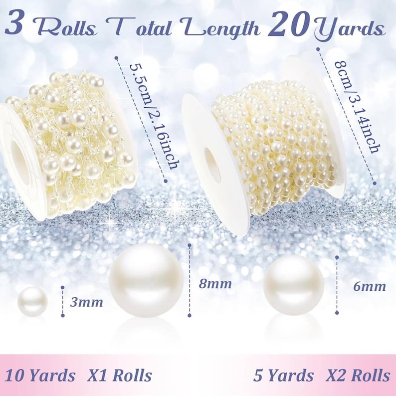 May include: Three rolls of faux pearl chain on white spools. The total length is 20 yards. The spools are 2.16 inches and 3.14 inches in diameter. The pearls are 3mm, 6mm, and 8mm in diameter. The text reads "3 Rolls Total Length 20 Yards".