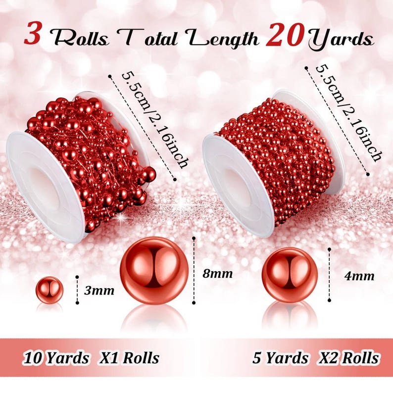 May include: Three rolls of red beaded chain, totaling 20 yards. Each roll is 5.5cm/2.16 inches wide. The beads are 3mm, 4mm, and 8mm in diameter. One roll is 10 yards, and two rolls are 5 yards each.