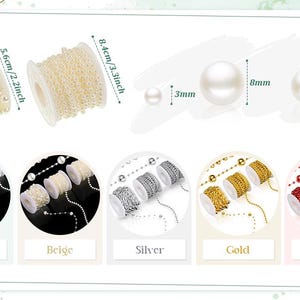 May include: An image showcasing various decorative chains and beads. Two spools of pearl chains are displayed, with dimensions of 2.2 inches and 3.3 inches. Additional options include white, beige, silver, gold, and red chains. Pearl sizes are 3mm, 4mm, and 8mm.