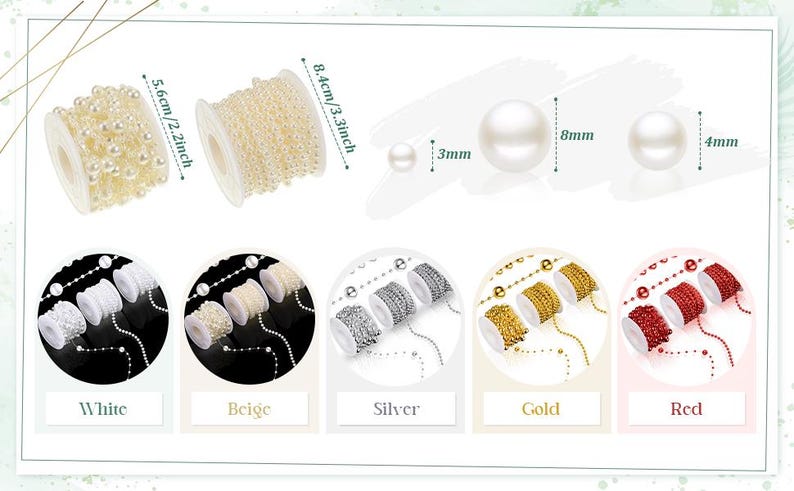 May include: An image showcasing various decorative chains and beads. Two spools of pearl chains are displayed, with dimensions of 2.2 inches and 3.3 inches. Additional options include white, beige, silver, gold, and red chains. Pearl sizes are 3mm, 4mm, and 8mm.