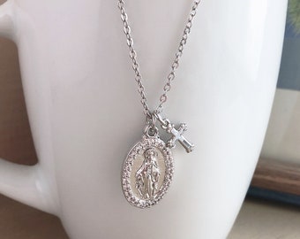 Virgin Mary Necklace, Madonna, Our lady, Our lady of Guadalupe / Loreto, Silver Plated, Cubic Zirconia, Catholic, Religious