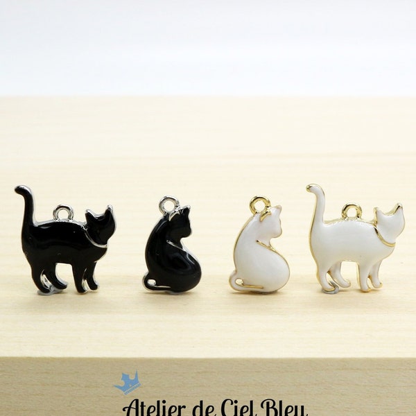Black / White Cat Charm, Tiny, Gold / Silver Plated Enamel Cat Pendant, Clip On / Phone / Keychain Charm, Cute Animal, Gift for Cat Mom