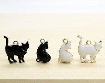 Black / White Cat Charm, Tiny, Gold / Silver Plated Enamel Cat Pendant, Clip On / Phone / Keychain Charm, Cute Animal, Gift for Cat Mom
