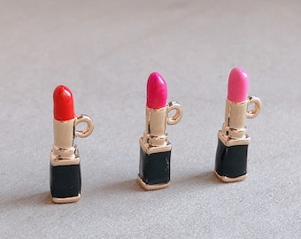 Lipstick Charm: Tiny, Gold Plated Red Pink Enamel Cosmetic, Jewelry Making, Phone Purse Accessory