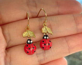 Gold Plated Ladybug Earrings: Red Enamel Rhinestone Beetle Jewelry