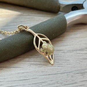 Frog Necklace with Leaf, Gold Plated, Green Enamel, Unique Pond Jewelry