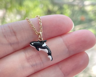 Dainty Gold Orca Necklace: Black and White Enamel Whale Jewelry