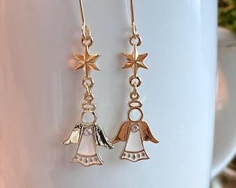 Tiny Angel Earrings: Gold Plated Enamel Religious Jewelry, Gift for Christian, Catholic, Baptism