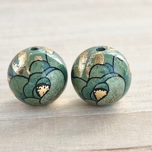 12mm, Japanese Tensha Beads, Green Rose, Green Beads, Japanese Beads, Flower Beads, Round Beads, Focal, Decal Beads