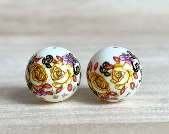 10mm Japanese Tensha Beads Round Beads Japanese Beads Focal Beads Decal Beads 2 pcs White Beads Navy Blue Rose