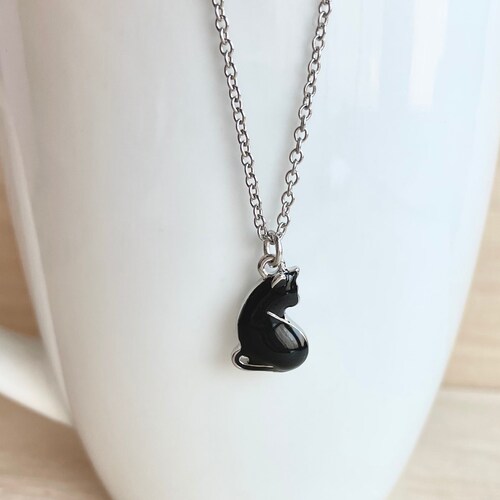 Black Cat Necklace Silver Plated Black Enamel Cat Pendant Etsy