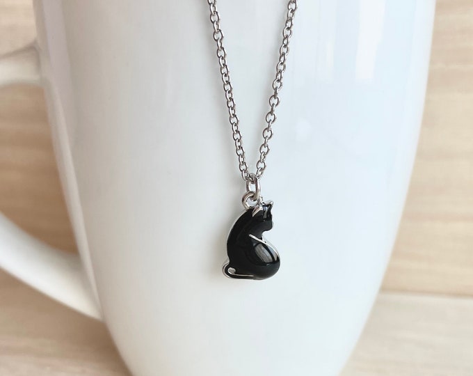 Black Cat Necklace, Silver Plated, Black Enamel Cat Pendant, Cat Jewelry, Animal Necklace, Cute, Kawaii, Dainty, Cat Lovers, Pet