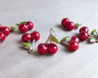 Cherry Charm, Tiny, Clip On/ Phone / Keychain Charm, Gold Plated, Red Enamel, Cute Miniature Fruit Pendant, DIY Jewelry Making, Gift