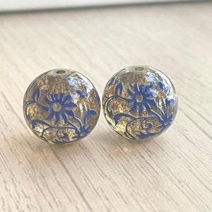 14mm Japanese Tensha Beads, 2 pcs, Blue Floral, Yellow Transparent Beads, Japanese Beads, Round Beads, Focal, Decal Beads