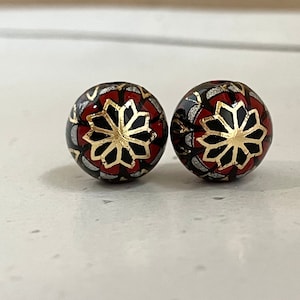 12mm, Japanese Tensha Beads, 2 pcs, Japanese Pattern on Black Round Beads, Focal, Decal, Jewelry Making
