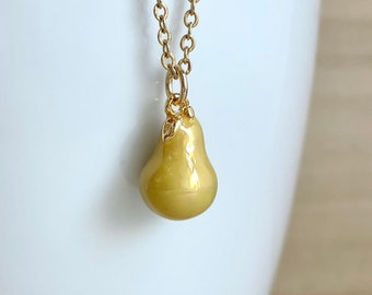 Pear Necklace, Gold Plated, Green Enamel, Fruit Necklace, Food Necklace, Miniature Pear, Jewelry, Dainty, Kawaii, Cute