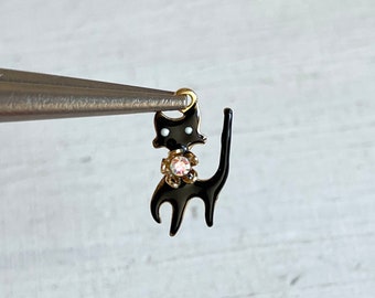 Black Cat Charm, 1 pc, Tiny, Thin, Gold Plated, Cute Enamel Animal Pendant, Clip On / Keychain / Phone Charm, DIY Jewelry Making