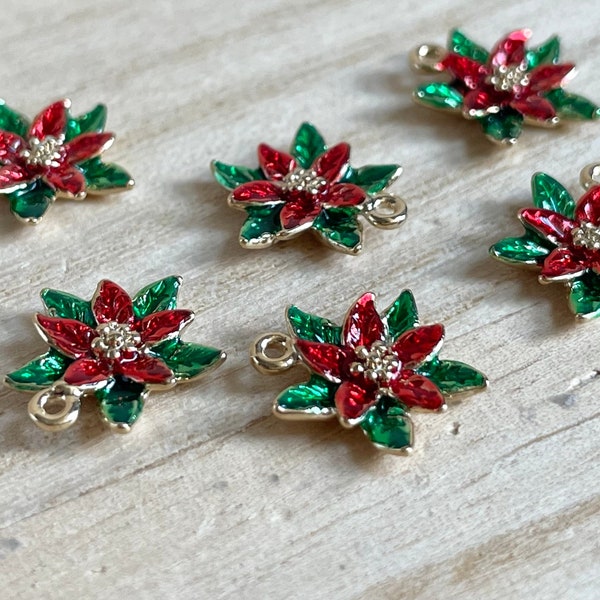 Poinsettia Charm, Clip On / Phone / Keychain Charm , Gold Plated, Red / Green Enamel, Christmas Jewelry, DIY Jewelry Making, Gift