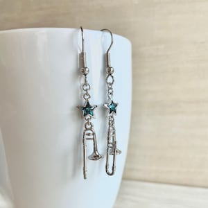 Trombone Earrings, Silver Plated, Swarovski Crystal, Miniature Trombone, Musical Instrument,Musician Gifts