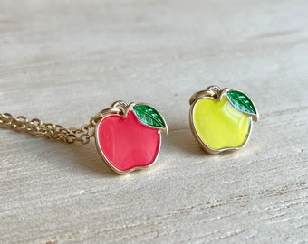 Apple Necklace, Red Apple, Green Apple, Gold Plated, Enamel, Tiny, Dainty, Apple Jewelry, Fruit, Food, Gift for Teachers