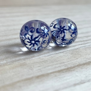 12 / 14 / 16mm Japanese Tensha Beads, 2 pcs, Blue Floral, Clear Transparent Beads, Japanese Beads, Round Beads, Focal, Decal Beads, Flower