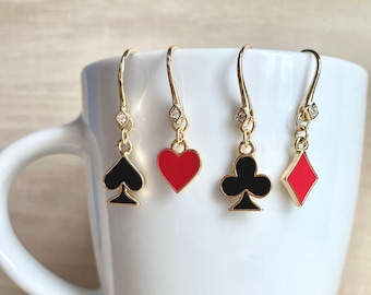 Poker Cards Earrings, Playing Cards Earrings, Ace of Spade Heart Club Diamond Earrings, Dainty, Cute, Poker Jewelry, Alice Jewelry