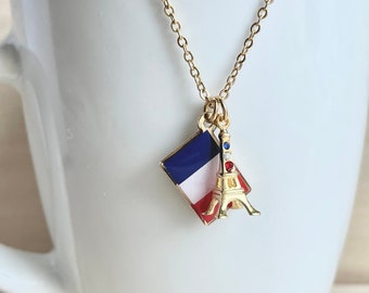French Flag & Eiffel Tower Necklace, Gold Plated, Enamel, Travel Souvenir Jewelry