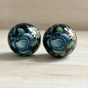 12 / 14 / 16 / 18mm, Japanese Tensha Beads, Blue Rose on Black Round Beads, Flower,  Focal, Decal, Jewelry Making