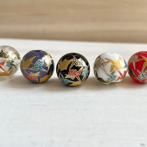 12 / 14 / 16mm Japanese Tensha Beads, Origami Crane on Black, Purple, Red, White Round Beads, Focal, Decal, Jewelry Making