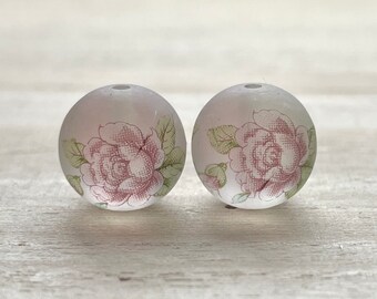 12 / 14mm Japanese Tensha Beads, 2 pcs, Purple Pink Rose on Matt Frosted Beads, Round Flower Beads, Focal, Decal, DIY Jewelry Making