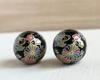 10mm Japanese Tensha Beads Round Beads Japanese Beads Focal Beads Decal Beads 2 pcs White Beads Navy Blue Rose