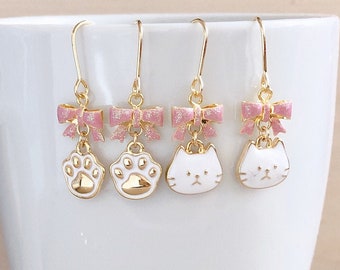 Cute Cat Earrings, Gold Cat Earrings, Enamel Cat, Enamel Cat Paw, White Cat, White Paw, Dangle, Drop Earrings, Animal Earrings, Cat Jewelry