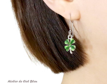 Green Clover Earrings, Four Leaf Clover Earrings, Silver Clover Threader Earrings, Clover Earrings, Best Friend Gift, Clover Jewelry