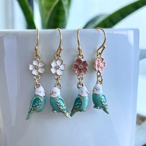 Enamel Budgie Earrings: Gold Plated Parakeet with Flower