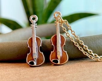Enamel Tiny Violin Necklace: Gold or Silver Plated Musical Jewelry