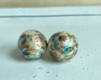 14mm / 16mm / 18mm Cotton Pearl, 2 pcs, Arabesque / Peacock, Kyska, Ivory, Tensha, Japanese Beads, Round Beads, Focal, Decal Beads