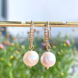 Japanese Akoya Pearl Earrings with Cubic Zirconia Hooks, 8-8.5mm, Cream White Seawater Pearl, Elegant, Bridal, Bridesmaid Jewelry