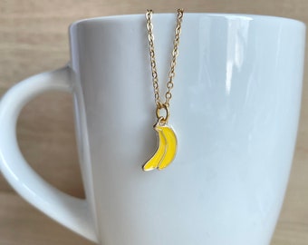 Tiny Banana Necklace, Gold Plated, Yellow Enamel, Dainty Fruit Jewelry