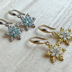 Snowflake Earrings with Crystals, Gold Plated / Silver Plated Winter Jewelry, Unique Christmas Gift