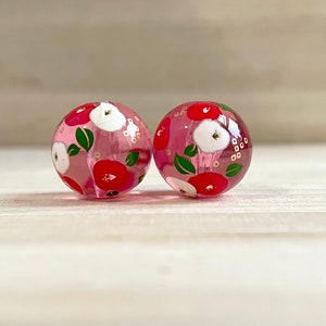 12 / 14 mm Japanese Tensha Beads, 2 pcs, Red / White Camellia on Pink Transparent Round Beads, Focal, Decal, DIY Jewelry Making