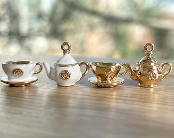 Teapot & Teacup Charms: Gold Plated Enamel Miniature Kitchenware, Alice in Wonderland Jewelry
