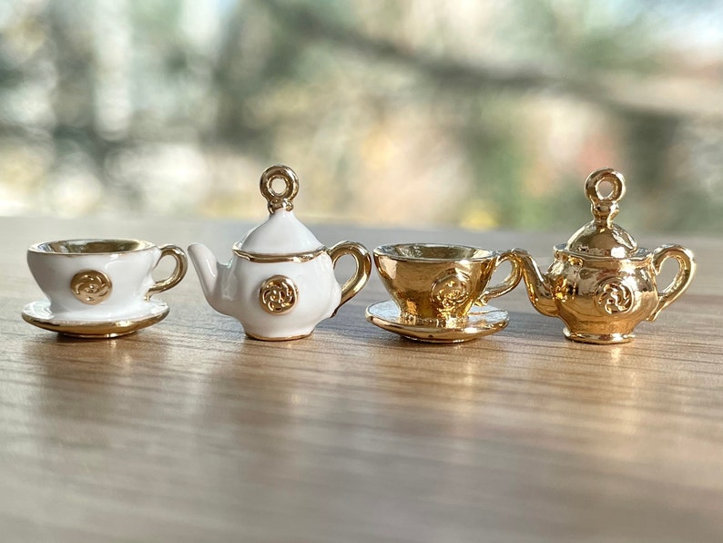 Teapot & Teacup Charms: Gold Plated Enamel Miniature Kitchenware, Alice in Wonderland Jewelry immagine 1