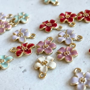 Flower Charm, Tiny, Gold Plated, Enamel, Blue, Pink, Purple, Red, White, Mini, Cute, Japanese, Dainty, Flower Jewelry