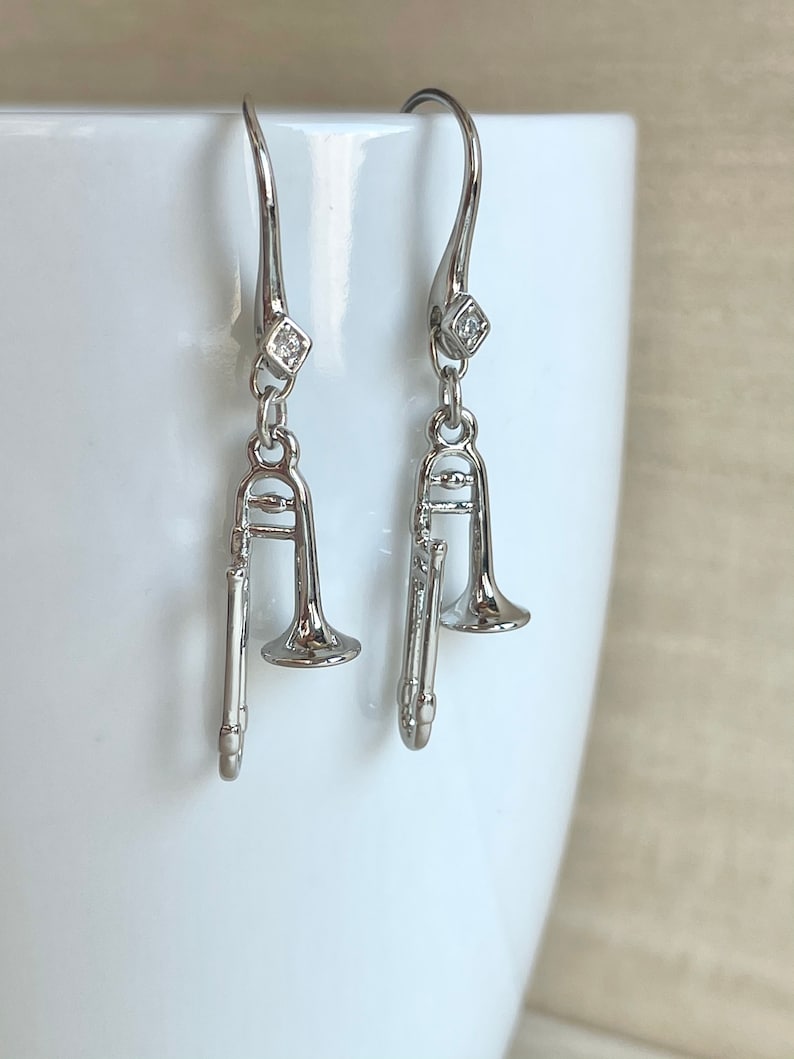 Trombone Earrings Silver Plated Rhinestone Miniature Etsy
