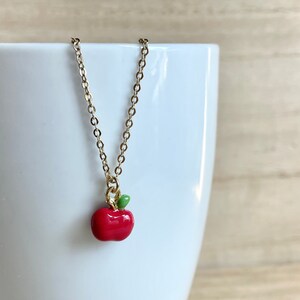 Apple Necklace, Gold Plated, Red, Enamel, Tiny, Cute, Dainty, Miniature, Apple Jewelry, Fruit Necklace, Fruit Jewelry, Food Necklace image 1