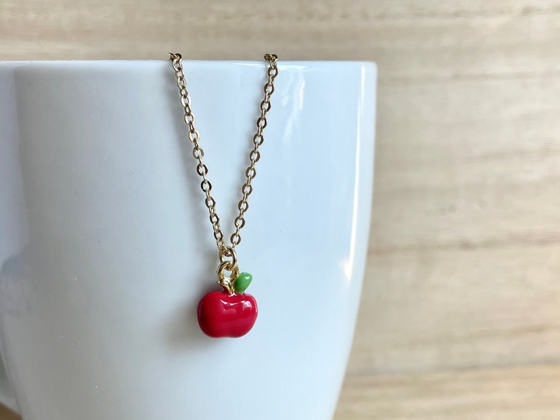Apple Necklace, Gold Plated, Red, Enamel, Tiny, Cute, Dainty, Miniature, Apple Jewelry, Fruit Necklace, Fruit Jewelry, Food Necklace image 1